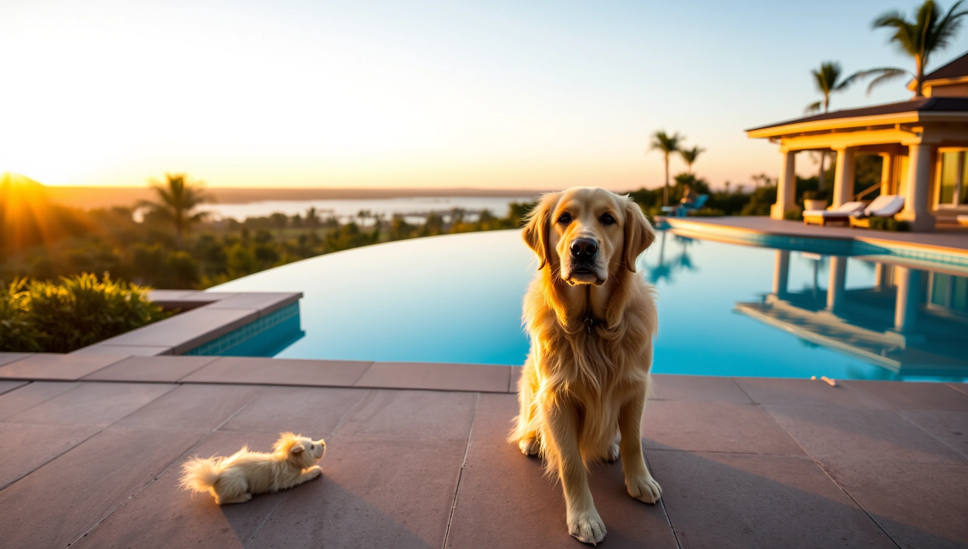 An elegant dog relaxing poolside at a luxury garden estate during golden hour