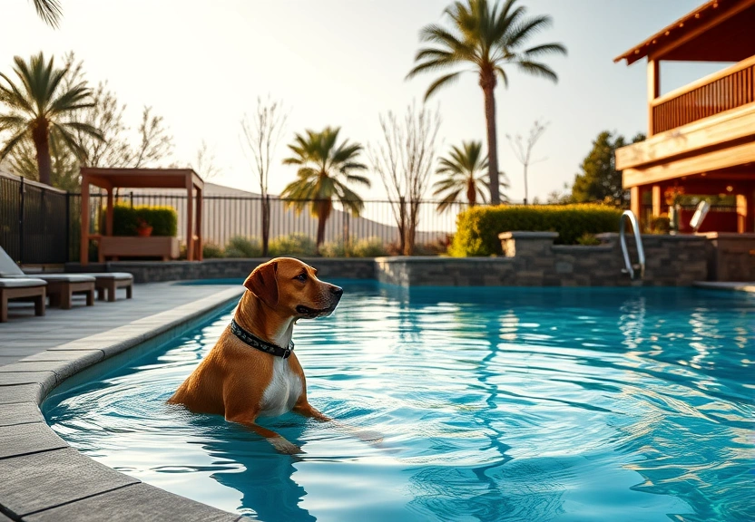 The heated aquatic play pool surrounded by stone decking