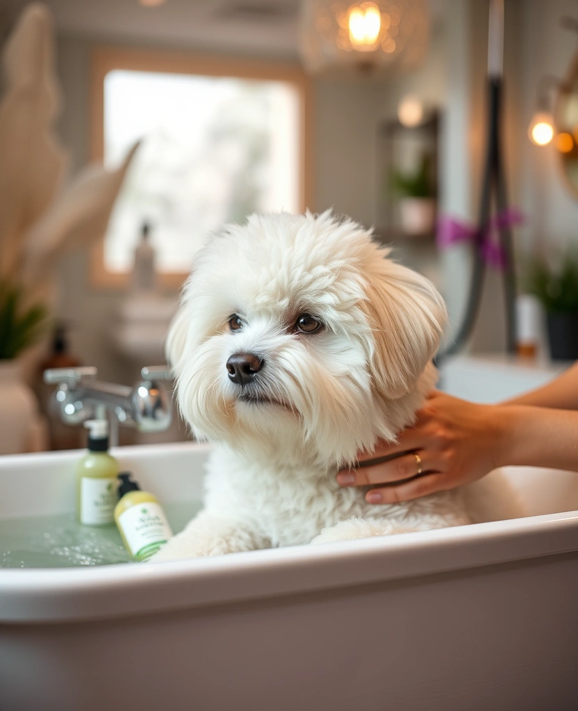 A dog enjoying a botanical spa bath treatment in a serene luxury setting